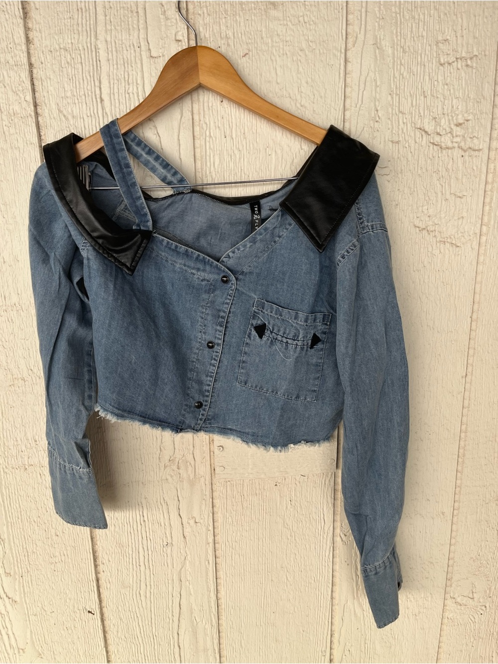 Cropped Blue Denim Top with Black Faux Leather Collar - Women